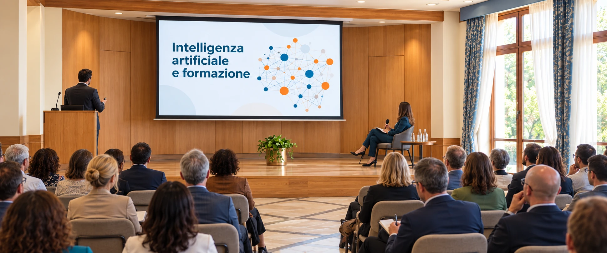 Incontro di formazione sull’intelligenza artificiale, con relatore, moderatrice e partecipanti in sala